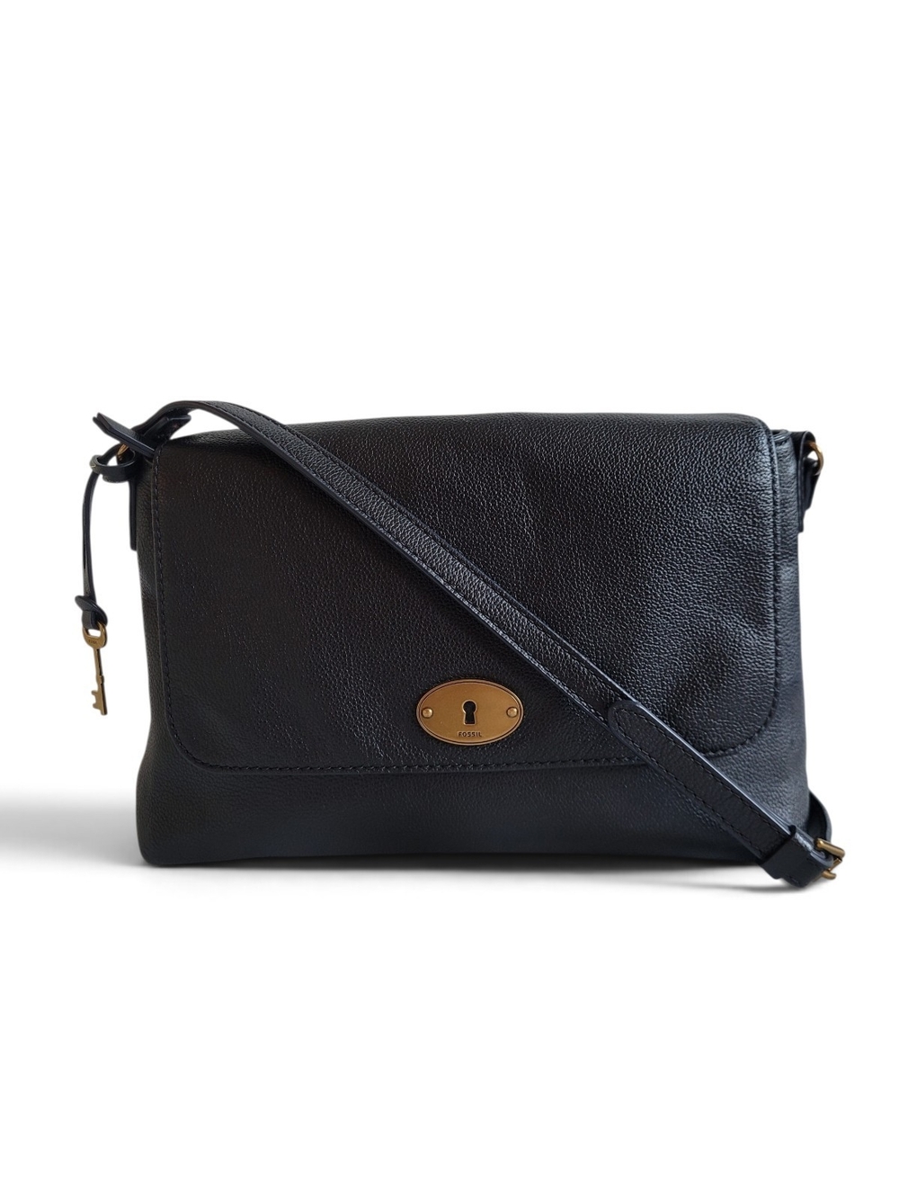 Fossil Gabriella Black Pebbled Leather Crossbody with Key Charm Minimalist